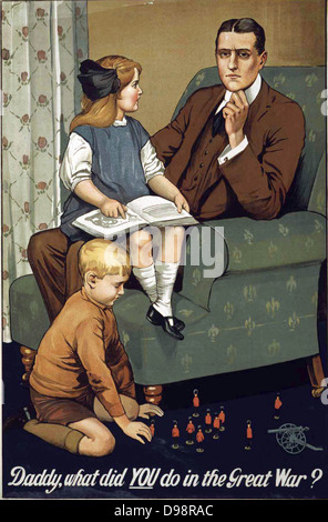 Papa, qu'avez-vous fait pendant la Grande Guerre ?. Première Guerre mondiale (1914-1918) propagande britannique affiche de recrutement. L'homme en fauteuil avec petite fille sur son genou pense que pouvait-il dire à ses enfants s'il n'a rien fait . Banque D'Images