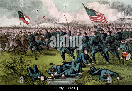 American Civil War 1861-1865 : seconde bataille de Corinth, Mississippi, le 3 et 4 octobre 1862. Confrontation de l'Union européenne et l'infanterie confédérée, les baïonnettes dessiné. Victoire syndicale. Le batteur-boy, droite, victimes, avant-plan. Currier & Ives. Banque D'Images