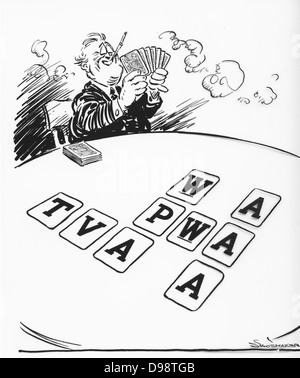 Utilisation dans les organismes comme un alphabet cartoon parodie du New Deal de Roosevelt à l'aide de cartes de l'alphabet trier utilisé pour apprendre aux enfants à lire. Banque D'Images