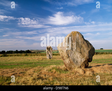 West Kennet Avenue, Avebury : losange distinctif 'féminin' & pilier 'masculin' sarsens en forme qui s'opposent à l'autre et l'autre dans la double rangée de pierres. Banque D'Images