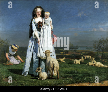 Pretty Baa-Lambs', 1851-1859. Ford Madox Brown (1821-1893), peintre britannique. L'extérieur peint sur Clapham Common, près de Londres. Sa seconde épouse, Emma et leur fille Cathy posés comme la mère et l'enfant. Moutons paysage Angleterre Banque D'Images