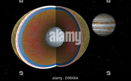 La lune de Jupiter Europa, est vu dans une coupe par deux cycles de ses 3,5 jour orbite autour de la planète géante Jupiter. Comme Banque D'Images