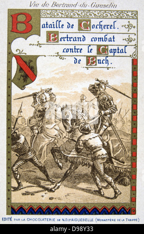 Bertrand du Guesclin ou Gueselin (c1320-1380) "Eagle de Bretagne', commandant militaire français. Guesclin défaisant Captal de Buch, 16 mai 1364. Le commandant de l'armée française pendant la Guerre de Cent Ans. Carte du commerce Banque D'Images