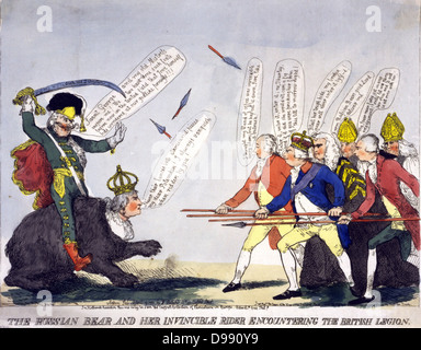 L'ours russe et son cavalier invincible de la rencontre de la Légion Britannique', 1791. Dans l'uniforme de hussard Potemkine équitation Catherine the Great George III approche et ses ministres portant des lances. La Grande-Bretagne Russie Commerce Relations Internationales Banque D'Images