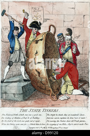 L'état de simples bricoleurs', James Gillray 1780. Lord North, Premier Ministre britannique, s'agenouille, Lord Sandwich et sous le patch électrique d'état. George III, les mains posées sur l'air. North chassés de bureau sur motion de confiance, 1782. Banque D'Images