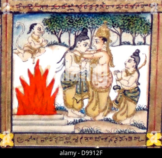Détail d'un 19e siècle enamel et vitrés photo illustrant la légende du Ramayana hindou. Le Ramayana est l'un des deux poèmes hindous épique, l'autre étant le Mahabharata. Le Ramayana décrit une histoire d'amour de Rama, un ancien roi, et SITA, qui est capturé par Ravan, le roi de Ceylan. Rama établit le siège à Ceylan et regagne Sita Banque D'Images