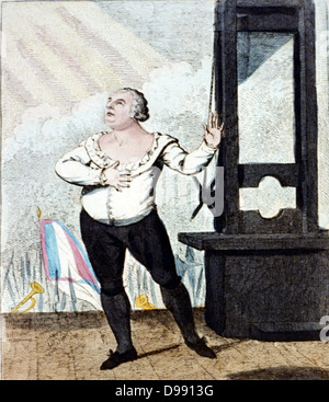 Le martyre de Louis XVI , Roi de France -je pardonne à mes ennemis, je meurs innocent ! ! !' Isaac Cruikshank, 1798. Louis en pose dramatique sur l'échafaud, à côté de la guillotine, sur le point d'être exécuté. France Révolution Française Régicide Exécution Banque D'Images