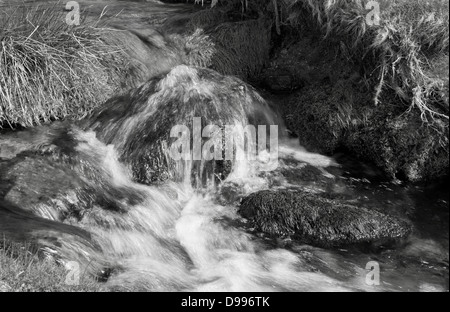 Un portrait noir et blanc tiré de l'eau bouillonner sur un rocher dans un ruisseau Banque D'Images