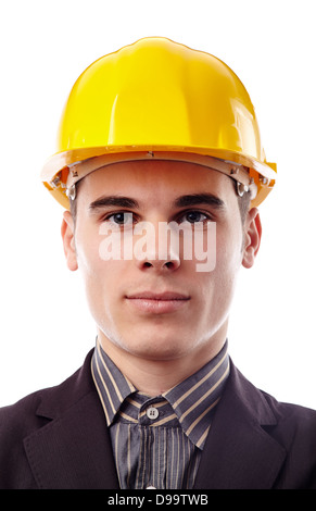 Gros plan du jeune ingénieur en hard hat, isolé sur fond blanc Banque D'Images