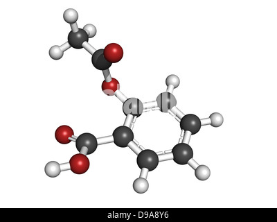 L'acide acétylsalicylique (aspirine) soulagement de la molécule du médicament, le modèle moléculaire. Banque D'Images