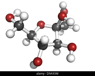 Le fructose (sucre de fruits molécule, la structure chimique. Les atomes sont représentés comme des sphères avec codage couleur classiques Banque D'Images