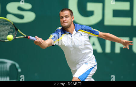 Halle/Westphalie, Allemagne. 16 Juin, 2013. Halle/Westphalie, Allemagne. 16 Juin, 2013. Le joueur de tennis russe Mikhail Youzhny joue la balle pendant la finale contre Federer à partir de la Suisse au tournoi ATP de Halle/Westphalie, Allemagne, 16 juin 2013. Photo : OLIVER KRATO/dpa/Alamy Live News/dpa/Alamy Live News Banque D'Images