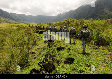 Les soldats américains de la 25e Division d'infanterie, se déplacer au combat grâce à la formation pendant la formation de la vallée le makua, 16 avril 2013 à Oahu, Hawaii. Banque D'Images