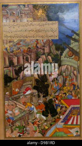 Le siège de Chitor (côté droit) de l'Akbarnama (livre d'Akbar). Composition par Miskina, peinture de Sarwan. Aquarelle opaque et d'or sur papier c 1590-5 Mughal. L'attaque de Mughal sur l'imprenable forteresse apparemment hindou du roi Chitor au Rajasthan a eu lieu en 1567-8. Banque D'Images