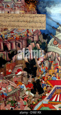 Le siège de Chitor (côté droit) de l'Akbarnama (livre d'Akbar). Composition par Miskina, peinture de Sarwan. Aquarelle opaque et d'or sur papier c 1590-5 Mughal. L'attaque de Mughal sur l'imprenable forteresse apparemment hindou du roi Chitor au Rajasthan a eu lieu en 1567-8. Banque D'Images