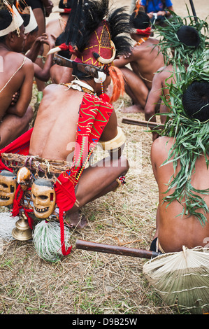 Les hommes des tribus Naga guerrier traditionnel de la scène de la danse, Festival, Calao, Nagaland Kohima, Inde Banque D'Images