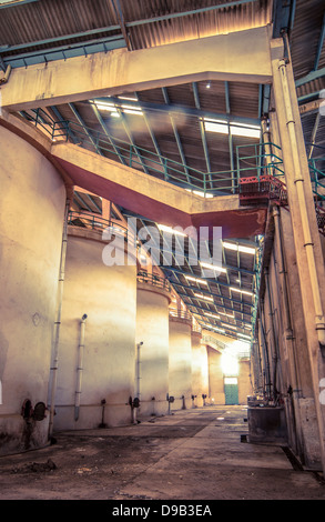 Grands réservoirs de fermentation en béton dans une cave de vinification en désuétude à Chypre. Banque D'Images