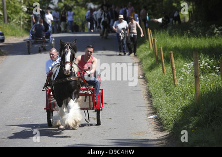 Les Tsiganes dur leurs chevaux à la 'voie clignotant' ou 'Mad mile' pour montrer aux acheteurs à Appleby Horse Fair, en Cumbria, Angleterre Banque D'Images