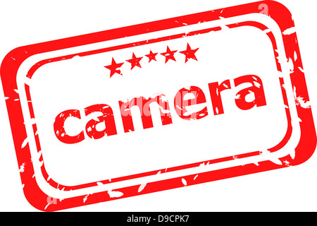 Appareil photo sur timbres en caoutchouc rouge sur un fond blanc Banque D'Images