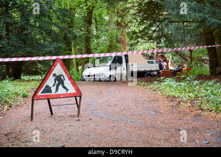 Signe de l'homme au travail et taraudé off road tout en un dangereux arbre est coupé vers le bas. Se concentrer sur les hommes et van en arrière-plan. Banque D'Images