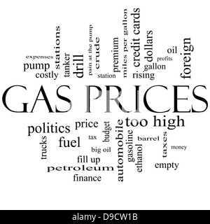 Prix du gaz naturel mot Concept Cloud en noir et blanc avec beaucoup de termes tels que l'automobile, pompe, coûteux, gallon, prix et plus encore. Banque D'Images