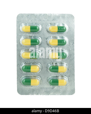 Capsules emballées en ampoule sur fond blanc Banque D'Images