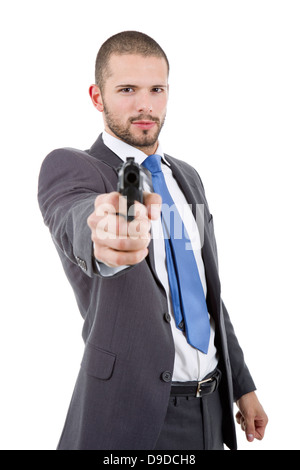 Jeune homme avec une arme à feu, isolated on white Banque D'Images