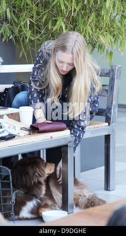 Amanda Seyfried porte un bol d'eau à son chien tout en ayant une rencontre avec les designers d'intérieur dans un restaurant de West Hollywood West Hollywood, Californie - 21.02.11 Banque D'Images