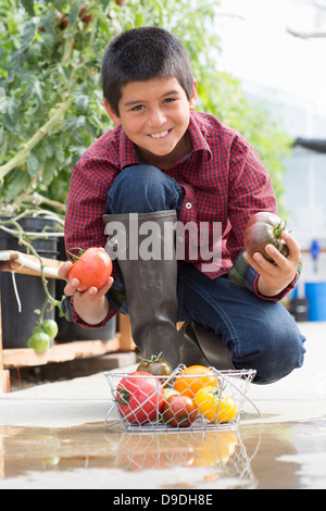 Garçon accroupi tenant tomates mûres Banque D'Images