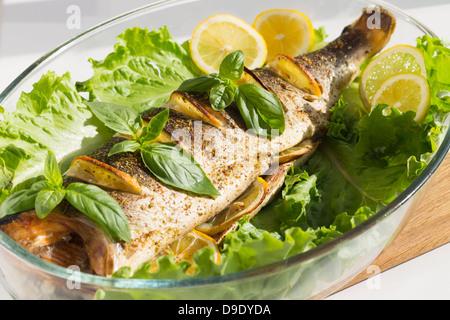 Saumon au four avec du citron, de la salade et le basilic cuit en cocotte en verre Banque D'Images