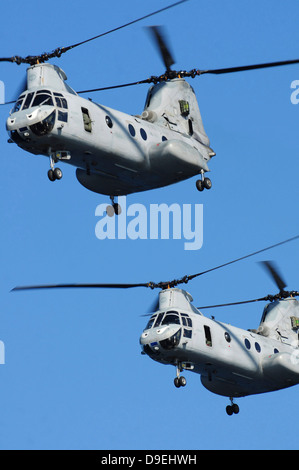 Deux Corps des Marines américains CH-46E Sea Knight en vol des hélicoptères. Banque D'Images