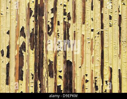 Peint en jaune sur old weathered wood texture, endommagé par l'eau et de l'écaillement. Banque D'Images