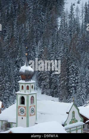 L'église de San Cassiano et derrière les arbres couverts de neige, San Cassiano, Dolomites, Tyrol du Sud, Italie Banque D'Images