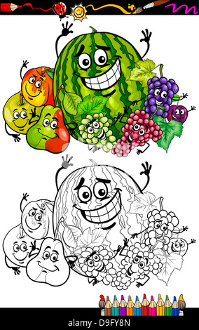 Livre de coloriage ou une illustration de Funny Cartoon Page Bande dessinée Caractères Fruits Aliments Groupe pour les enfants l'Éducation Banque D'Images