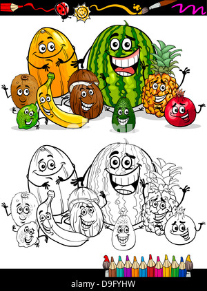 Livre de coloriage ou une page de bande dessinée de vulgarisation de fruits tropicaux drôle Bande dessinée Caractères alimentaire pour l'éducation des enfants du groupe Banque D'Images