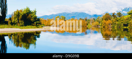 Reflet d'arbre en automne sur la rivière Takaka, Golden Bay, région de Tasmanie, île du Sud, Nouvelle-Zélande Banque D'Images