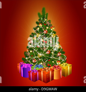 Arbre de Noël avec les coffrets cadeaux sur fond rouge. Eps10 Vector illustration Banque D'Images
