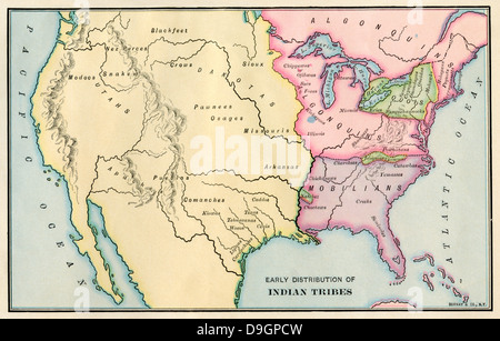 Carte des emplacements des autochtones américains, vers 1700. Lithographie couleur Banque D'Images