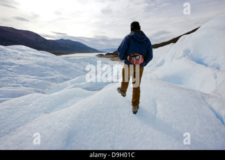 Un homme fait de la randonnée sur le glacier Perito Moreno. Des dizaines de touristes font chaque jour un trekking sur le glacier. Banque D'Images