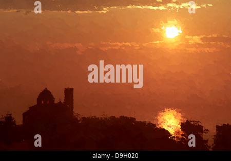 Peinture d'église du Dôme de la Méditerranée et du beffroi en mer sunrise, Altea, Alicante, Costa Blanca, Province, Valencia, Espagne Banque D'Images