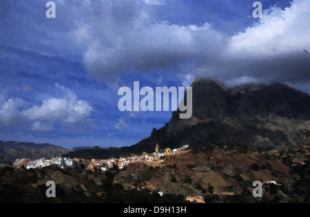 Illustration panoramique de la ville de perchoir de Finestrat avec le Puch Campano montagne dans l'arrière-plan, Banque D'Images