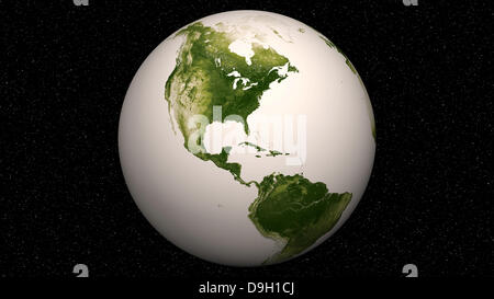 NASA image de la Terre créé à partir d'une valeur d'années des données reflétant les conditions de végétation dans le monde entier en utilisant des tons de vert le 19 juin 2013. Des valeurs élevées de l'Indice de Végétation par Différence Normalisée, ou NDVI, représentent la végétation dense fonctionnement vert et faible valeurs NDVI représentent peu de vert de la végétation ou de la végétation sous l'effort de conditions limites, comme la sécheresse. L'image a été envoyé vers la terre de l'Visible-Infrared Imager/Radiometer instrument Suite à bord du National Suomi des satellites en orbite polaire d'avril 2012 à avril 2013. Banque D'Images