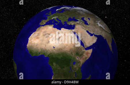Vue globale de la masse sur l'Afrique du Nord, en Europe, au Moyen-Orient et en Inde. Banque D'Images