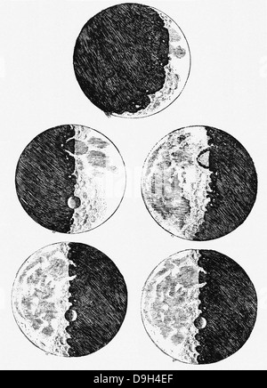 Les dessins de Galileo des phases de la lune, d'après les observations faites par l'intermédiaire de son télescope. Banque D'Images