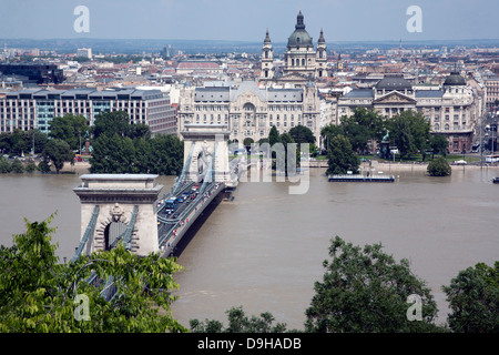 Vue sur la colline du château de Budapest avec le pont des chaînes et St Stephen's Basilica Budapest Hongrie Banque D'Images