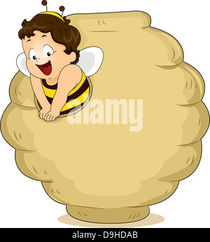 Illustration de Bébé garçon habillé comme une abeille dans une ruche vide Board Banque D'Images