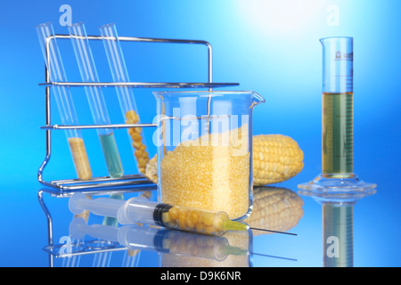 La semoule de maïs et avec les tubes à essai et la seringue et de mesure mug Banque D'Images
