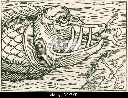Homme d'être mangé par un serpent de mer. À partir d'une carte du 15ème siècle par Olaus Magnus. Banque D'Images