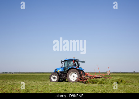 Le tournant pour le séchage de l'herbe avec le tracteur en néerlandais meadow Banque D'Images