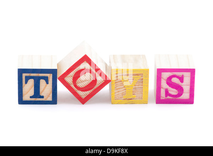 Alphabet blocks spelling the word toys with clipping path Banque D'Images